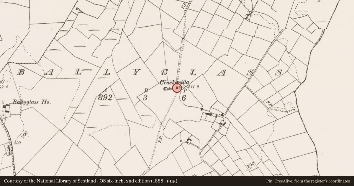 Ordnance Survey six-inch map, 2nd edition (1888–1915) covering the location of Ringfort - rath, Ballyglass (Clanmorris By., Crossboyne Par.), County Mayo, with a pin at the register's coordinates