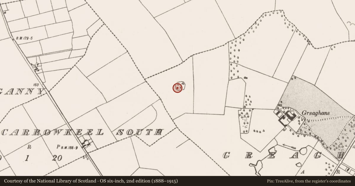 Ordnance Survey six-inch map, 2nd edition (1888–1915) covering the location of Enclosure, Greaghans, County Mayo, with a pin at the register's coordinates