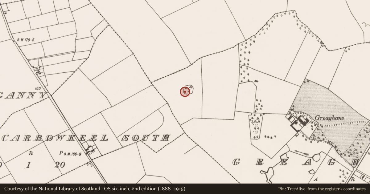 Ordnance Survey six-inch map, 2nd edition (1888–1915) covering the location of Children's burial ground, Greaghans, County Mayo, with a pin at the register's coordinates