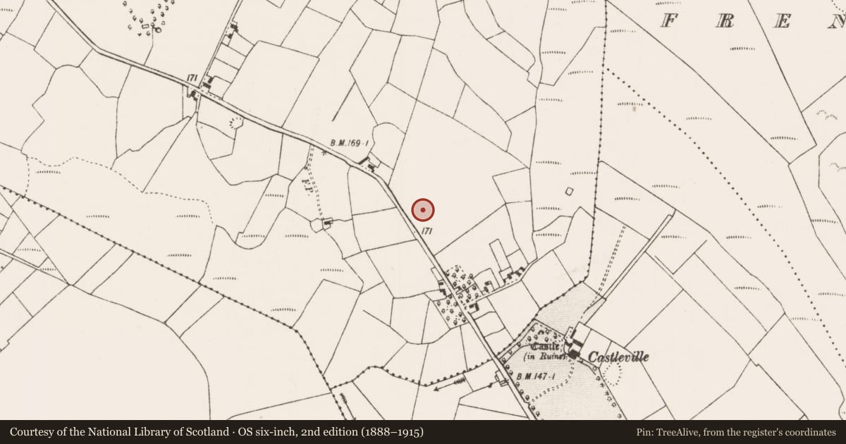 Ordnance Survey six-inch map, 2nd edition (1888–1915) covering the location of Enclosure, Roos, County Mayo, with a pin at the register's coordinates