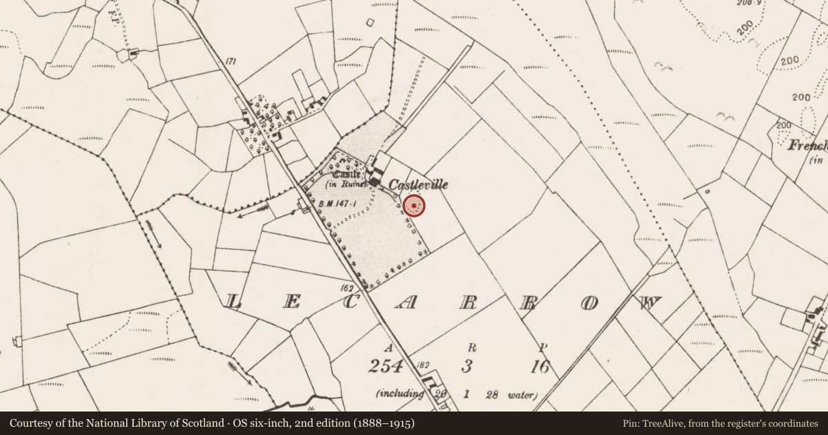Ordnance Survey six-inch map, 2nd edition (1888–1915) covering the location of Enclosure, Lecarrow (Kilmaine By., Kilcommon Par.), County Mayo, with a pin at the register's coordinates