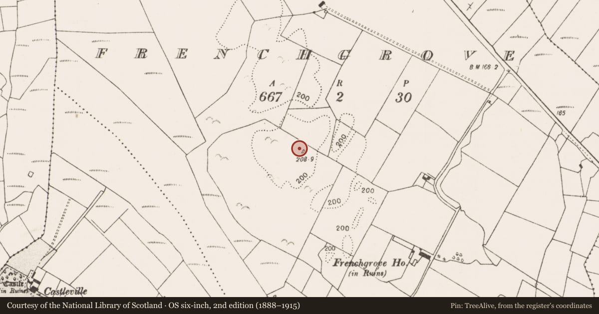 Ordnance Survey six-inch map, 2nd edition (1888–1915) covering the location of Enclosure, Frenchgrove, County Mayo, with a pin at the register's coordinates