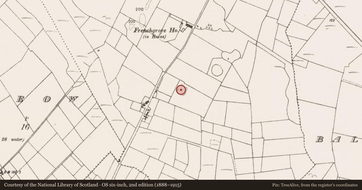 Ordnance Survey six-inch map, 2nd edition (1888–1915) covering the location of Enclosure, Frenchgrove, County Mayo, with a pin at the register's coordinates