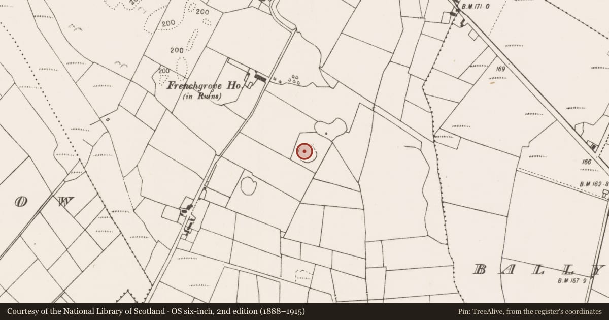 Ordnance Survey six-inch map, 2nd edition (1888–1915) covering the location of Enclosure, Frenchgrove, County Mayo, with a pin at the register's coordinates