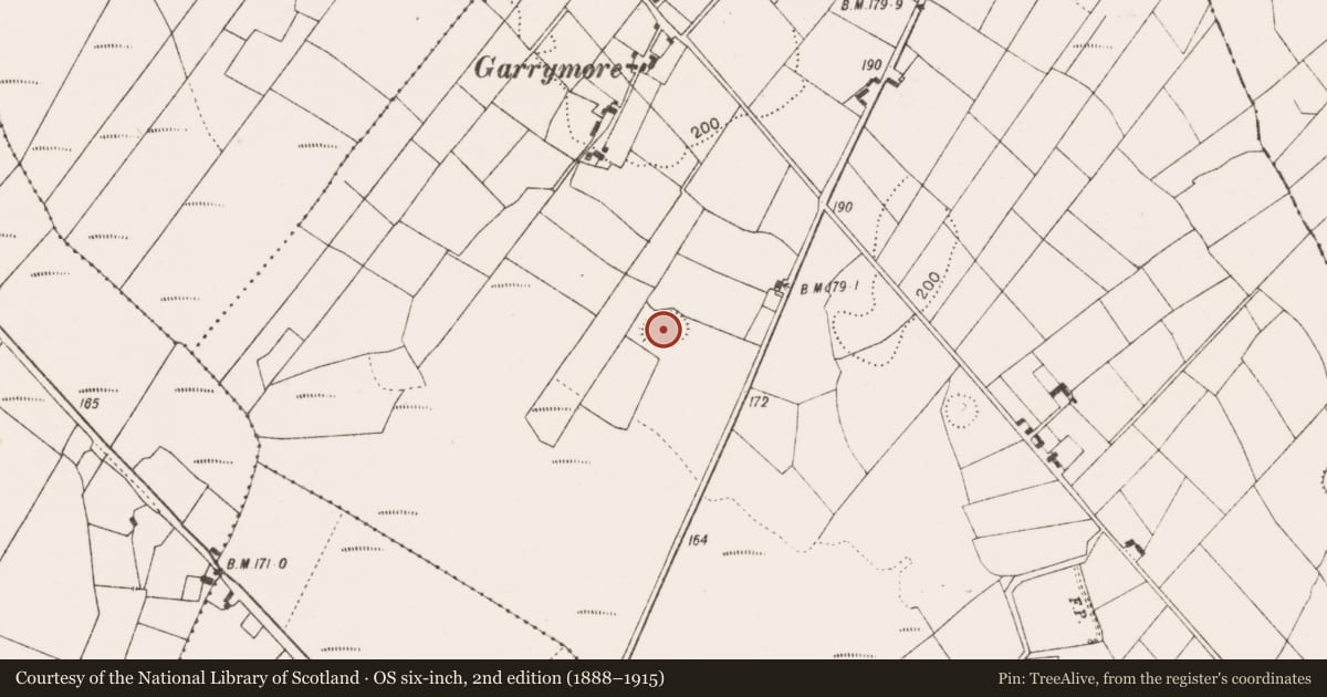 Ordnance Survey six-inch map, 2nd edition (1888–1915) covering the location of Enclosure, Garrymore, County Mayo, with a pin at the register's coordinates