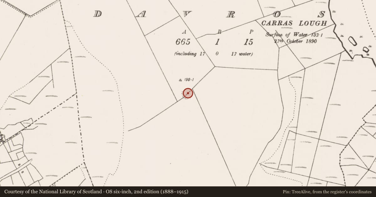 Ordnance Survey six-inch map, 2nd edition (1888–1915) covering the location of Ringfort - rath, Davros, County Mayo, with a pin at the register's coordinates