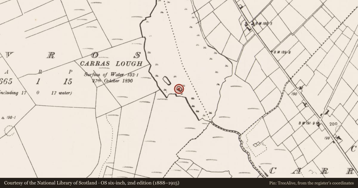 Ordnance Survey six-inch map, 2nd edition (1888–1915) covering the location of Crannog, Davros, County Mayo, with a pin at the register's coordinates