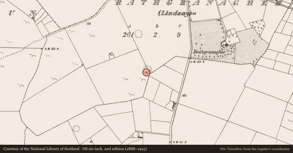 Ordnance Survey six-inch map, 2nd edition (1888–1915) covering the location of Ringfort - rath, Rathgranagher (Lindsay), County Mayo, with a pin at the register's coordinates