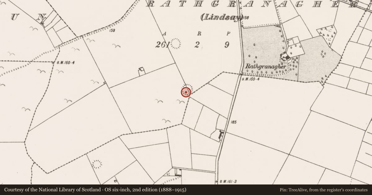 Ordnance Survey six-inch map, 2nd edition (1888–1915) covering the location of Souterrain, Rathgranagher (Lindsay), County Mayo, with a pin at the register's coordinates