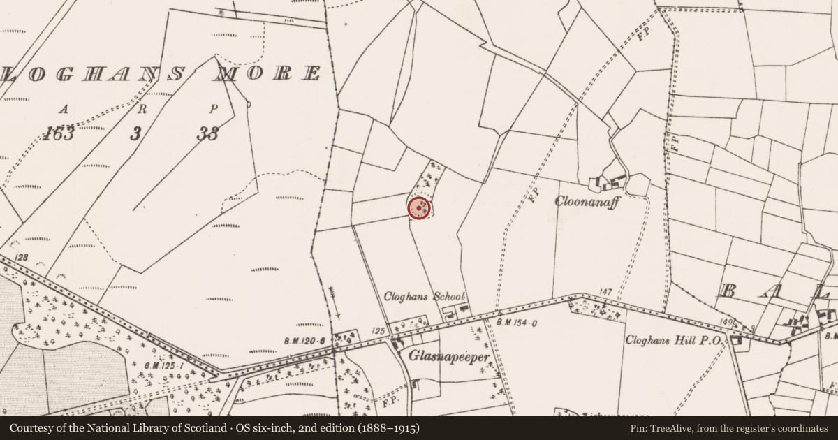 Ordnance Survey six-inch map, 2nd edition (1888–1915) covering the location of Ringfort - rath, Cloonanaff, County Mayo, with a pin at the register's coordinates