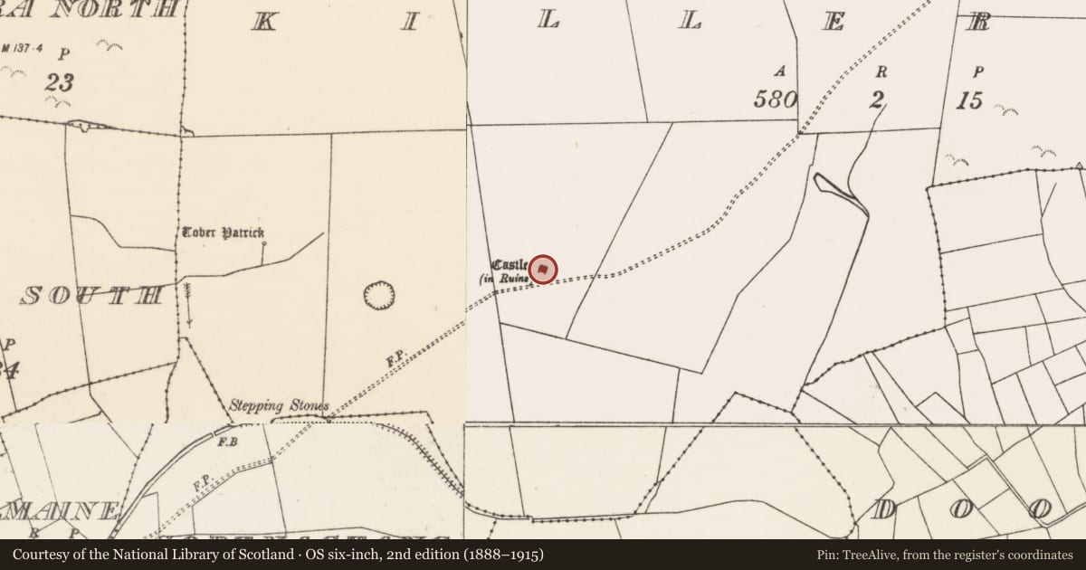 Ordnance Survey six-inch map, 2nd edition (1888–1915) covering the location of Castle - unclassified, Killernan, County Mayo, with a pin at the register's coordinates