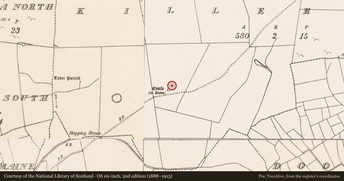 Ordnance Survey six-inch map, 2nd edition (1888–1915) covering the location of Earthwork, Killernan, County Mayo, with a pin at the register's coordinates