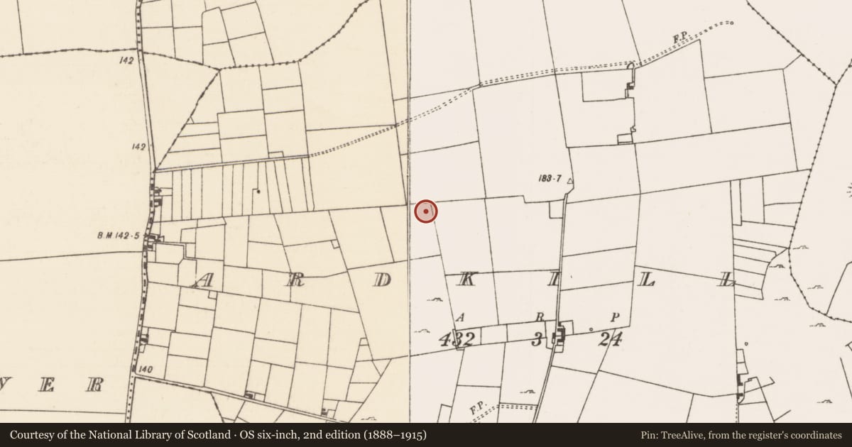 Ordnance Survey six-inch map, 2nd edition (1888–1915) covering the location of Children's burial ground, Ardkill, County Mayo, with a pin at the register's coordinates