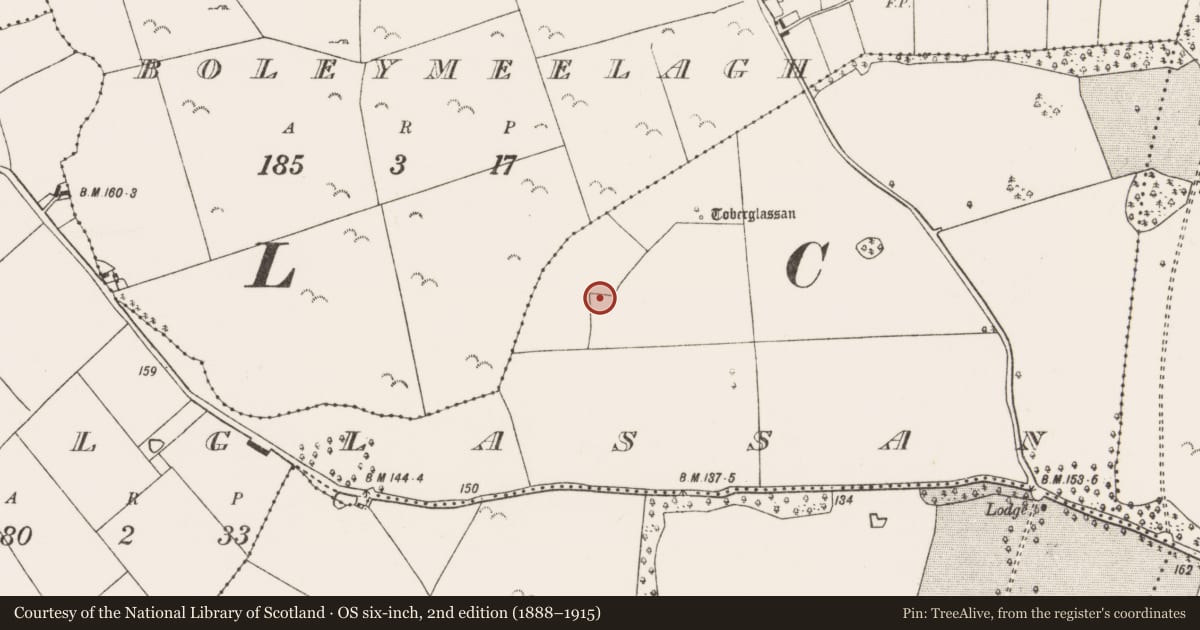 Ordnance Survey six-inch map, 2nd edition (1888–1915) covering the location of Earthwork, Kilglassan, County Mayo, with a pin at the register's coordinates