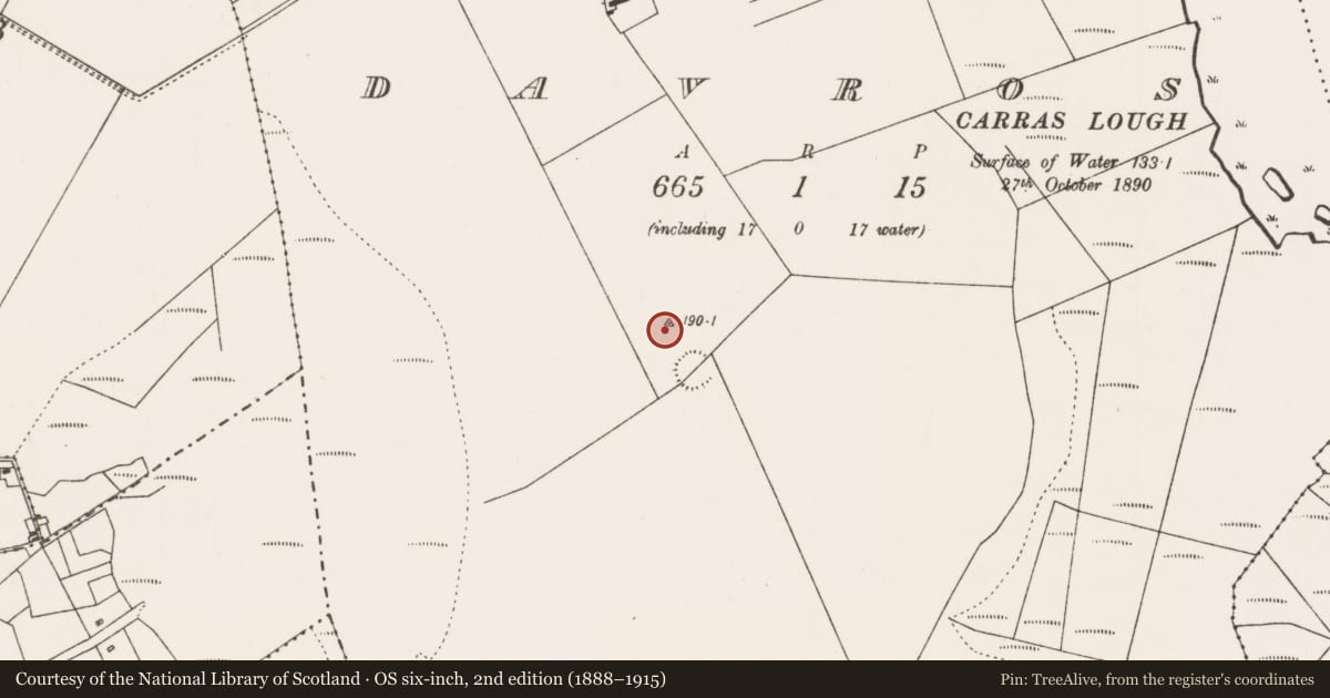 Ordnance Survey six-inch map, 2nd edition (1888–1915) covering the location of Enclosure, Davros, County Mayo, with a pin at the register's coordinates
