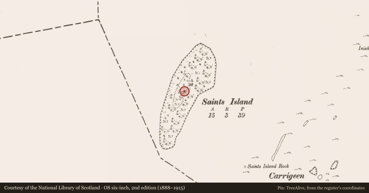 Ordnance Survey six-inch map, 2nd edition (1888–1915) covering the location of Ecclesiastical site, Saints Island, County Mayo, with a pin at the register's coordinates