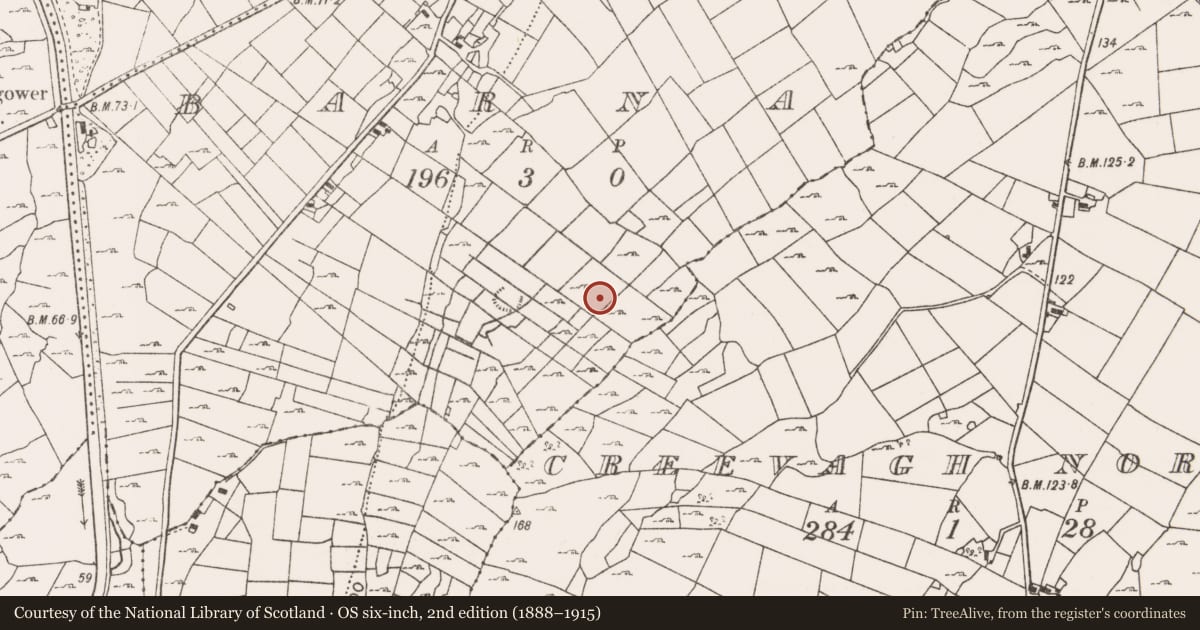 Ordnance Survey six-inch map, 2nd edition (1888–1915) covering the location of Enclosure, Barna, County Mayo, with a pin at the register's coordinates