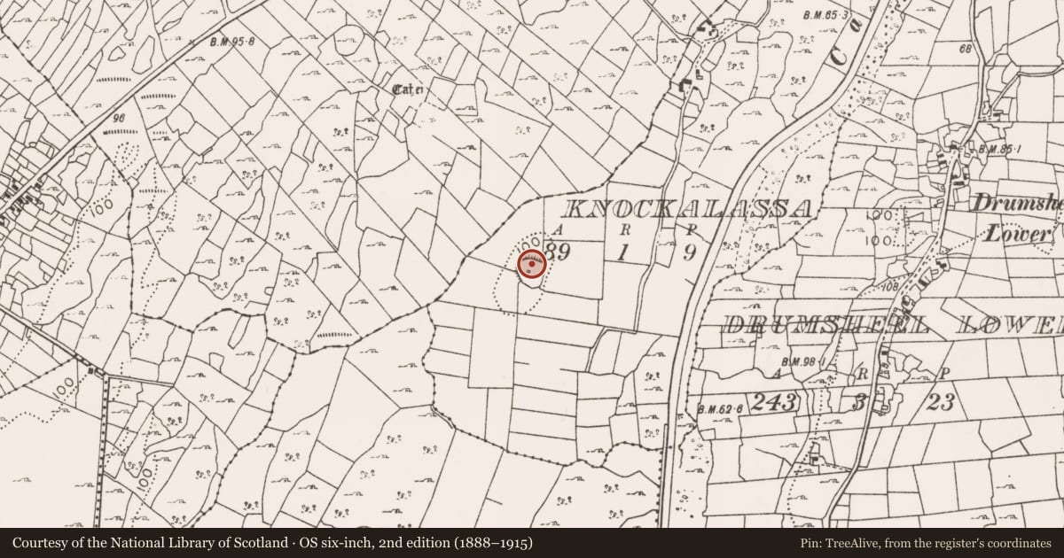Ordnance Survey six-inch map, 2nd edition (1888–1915) covering the location of Souterrain, Knockalassa, County Mayo, with a pin at the register's coordinates