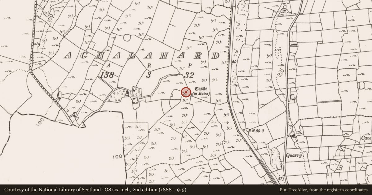 Ordnance Survey six-inch map, 2nd edition (1888–1915) covering the location of Castle - tower house, Aghalahard, County Mayo, with a pin at the register's coordinates