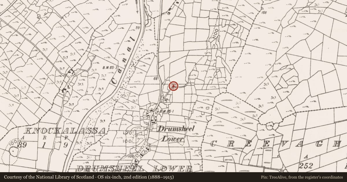 Ordnance Survey six-inch map, 2nd edition (1888–1915) covering the location of Enclosure, Drumsheel Lower, County Mayo, with a pin at the register's coordinates