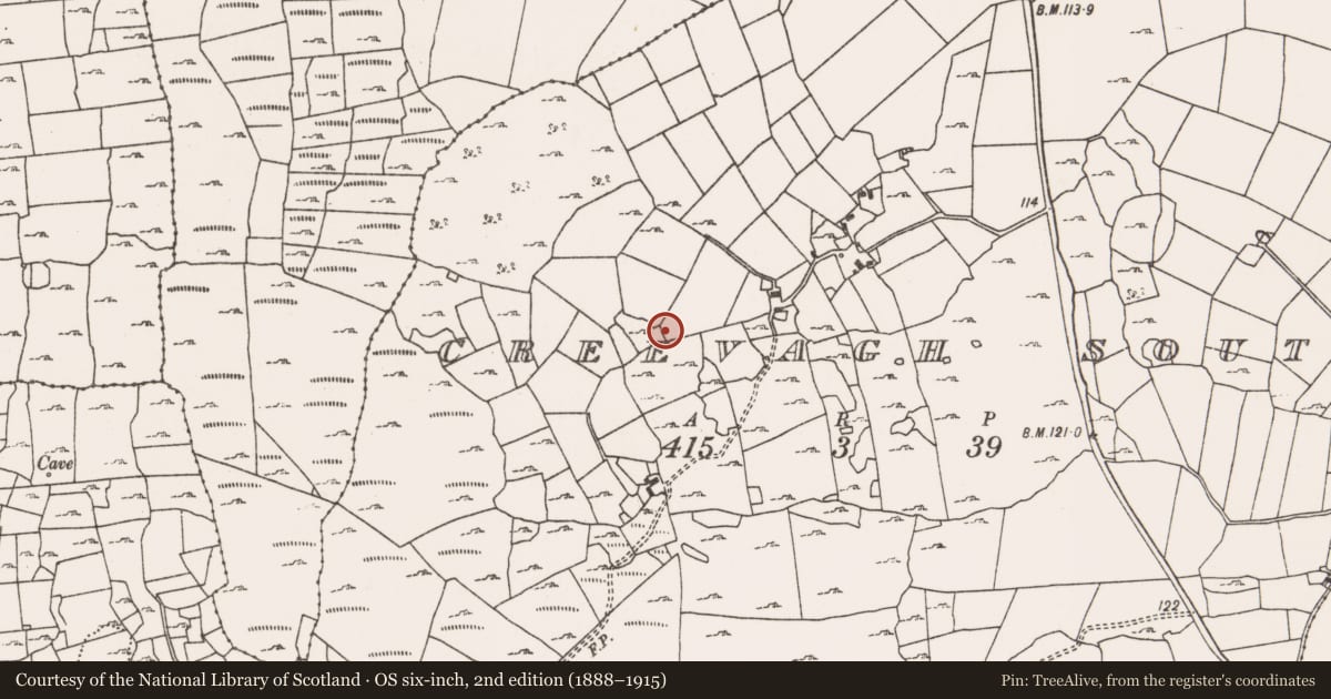 Ordnance Survey six-inch map, 2nd edition (1888–1915) covering the location of Standing stone, Creevagh South (Kilmaine By., Cong Par.), County Mayo, with a pin at the register's coordinates