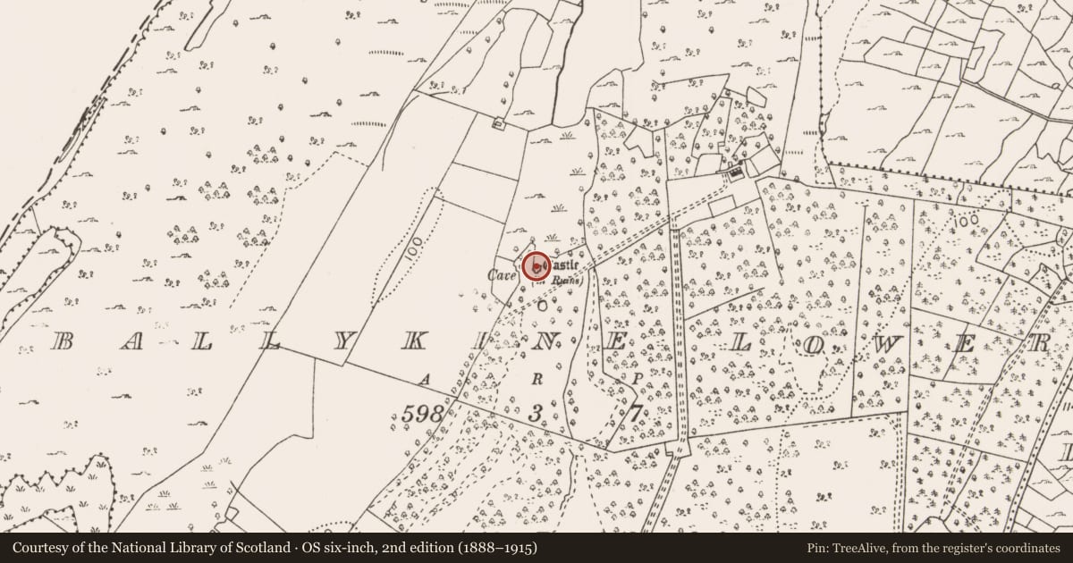 Ordnance Survey six-inch map, 2nd edition (1888–1915) covering the location of Castle - unclassified, Ballykine Lower, County Mayo, with a pin at the register's coordinates