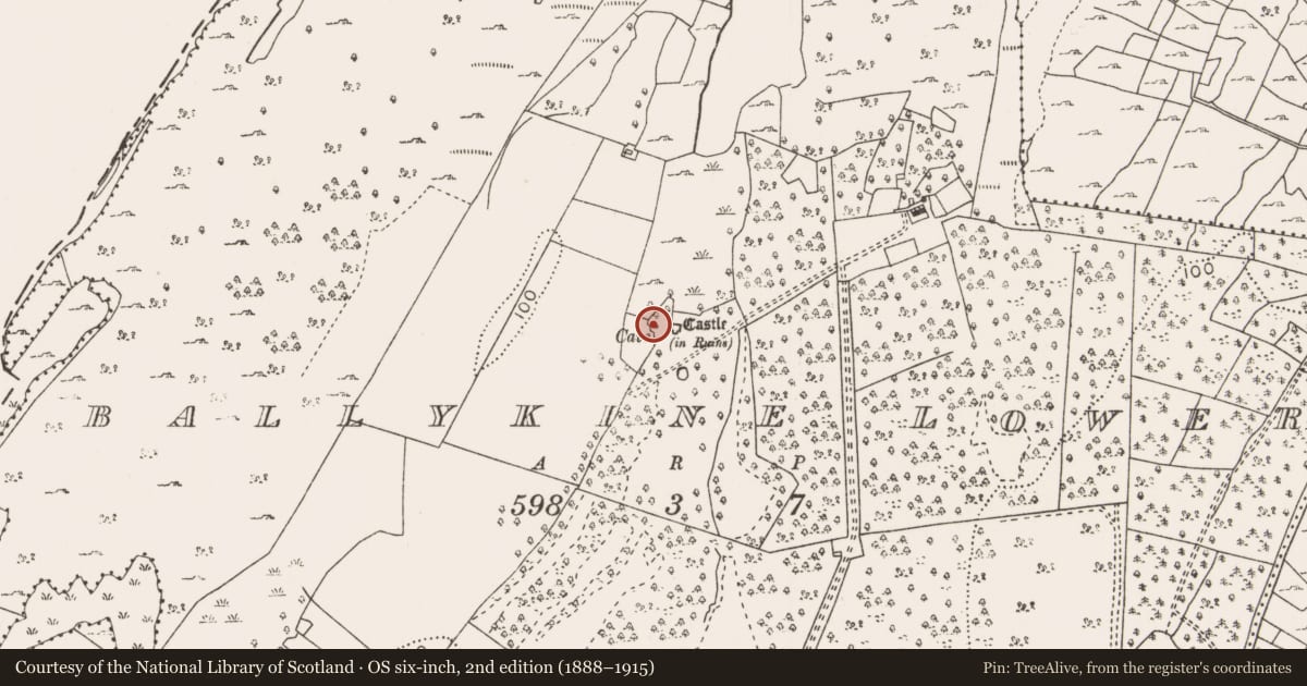 Ordnance Survey six-inch map, 2nd edition (1888–1915) covering the location of Souterrain, Ballykine Lower, County Mayo, with a pin at the register's coordinates