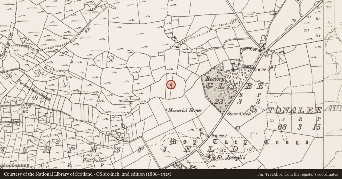 Ordnance Survey six-inch map, 2nd edition (1888–1915) covering the location of Enclosure, Creevagh South (Kilmaine By., Cong Par.), County Mayo, with a pin at the register's coordinates
