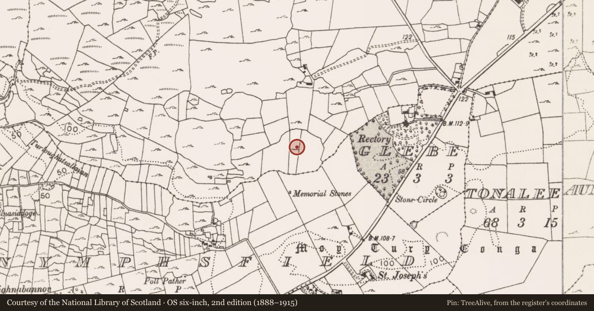 Ordnance Survey six-inch map, 2nd edition (1888–1915) covering the location of Standing stone, Creevagh South (Kilmaine By., Cong Par.), County Mayo, with a pin at the register's coordinates