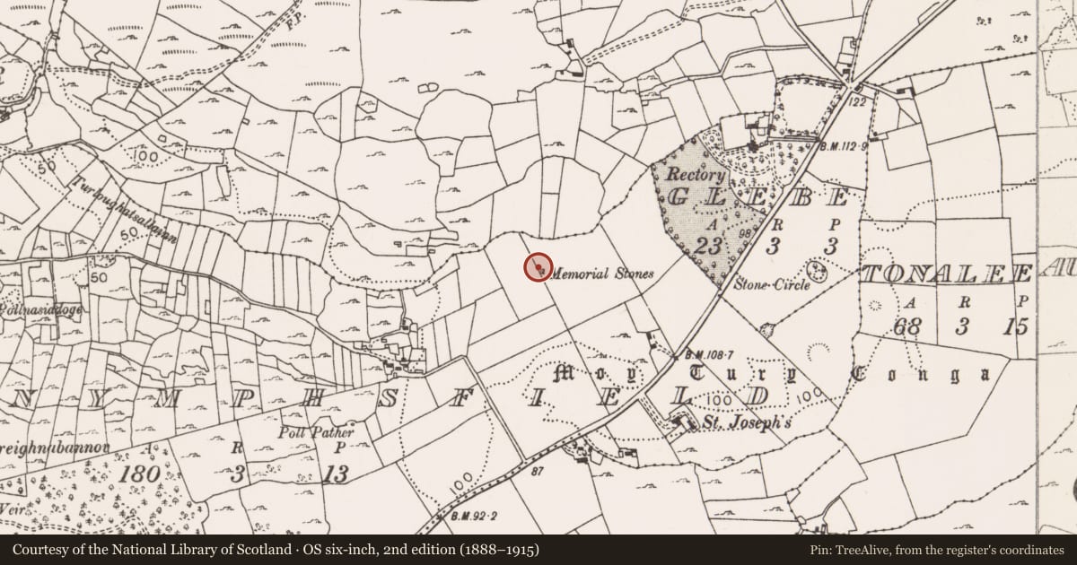 Ordnance Survey six-inch map, 2nd edition (1888–1915) covering the location of Anomalous stone group, Nymphsfield, County Mayo, with a pin at the register's coordinates