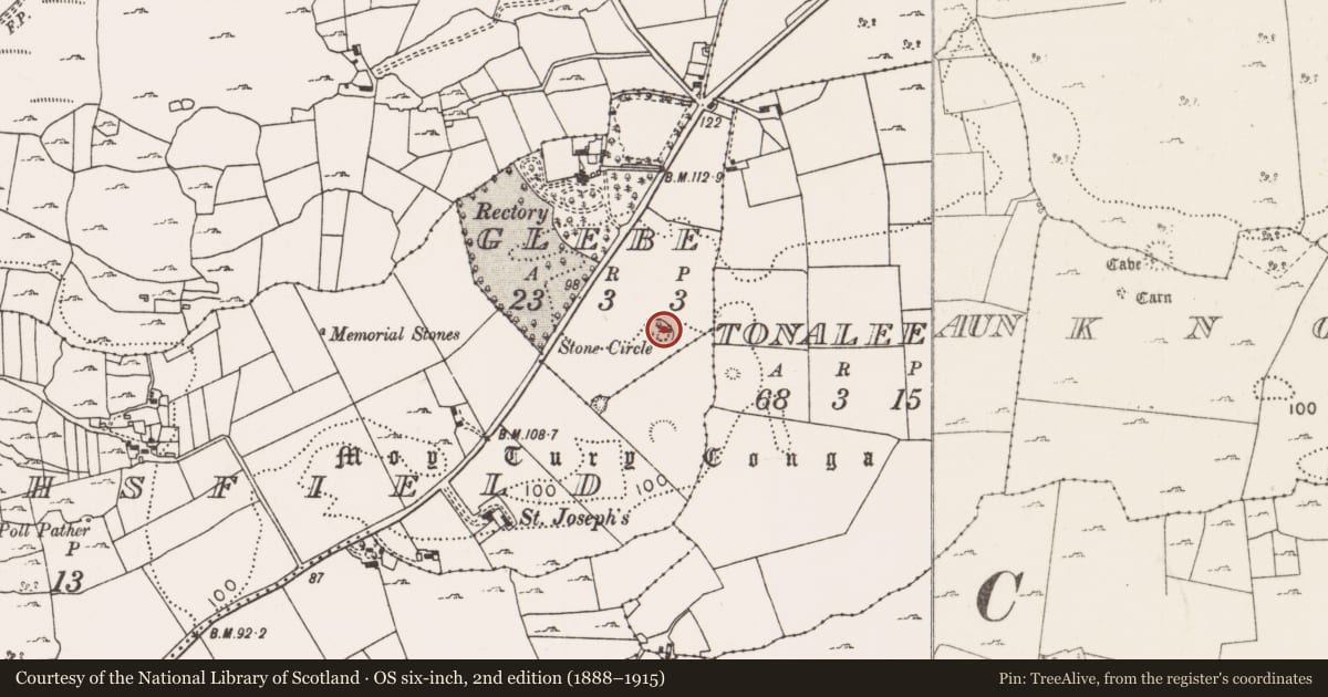 Ordnance Survey six-inch map, 2nd edition (1888–1915) covering the location of Stone circle, Glebe, County Mayo, with a pin at the register's coordinates