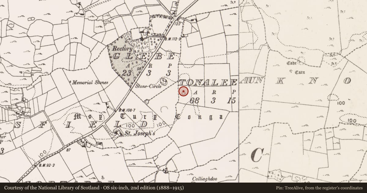 Ordnance Survey six-inch map, 2nd edition (1888–1915) covering the location of Stone circle, Tonaleeaun, County Mayo, with a pin at the register's coordinates