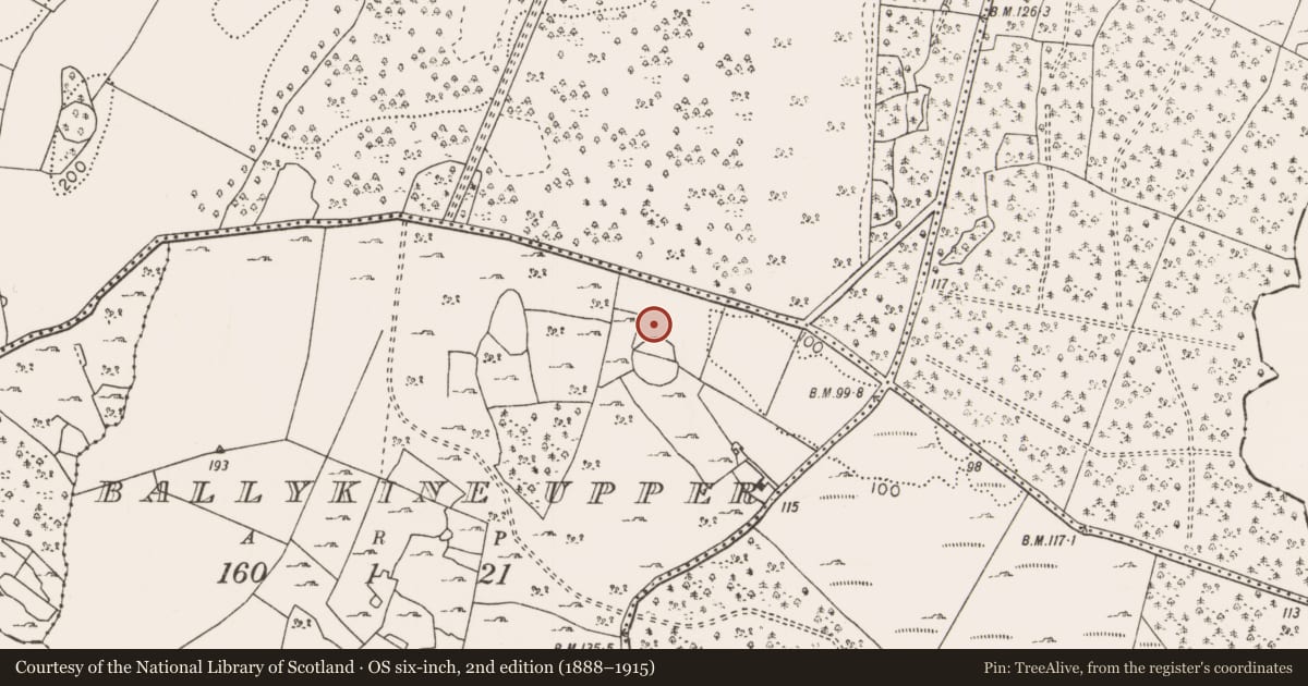 Ordnance Survey six-inch map, 2nd edition (1888–1915) covering the location of Cairn - burial cairn, Ballykine Upper, County Mayo, with a pin at the register's coordinates