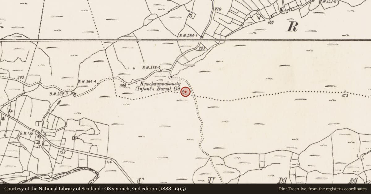 Ordnance Survey six-inch map, 2nd edition (1888–1915) covering the location of Children's burial ground, Mám Trasna, County Mayo, with a pin at the register's coordinates