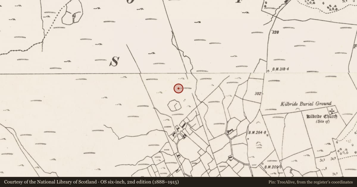 Ordnance Survey six-inch map, 2nd edition (1888–1915) covering the location of Building, Cill Bhríde, County Mayo, with a pin at the register's coordinates