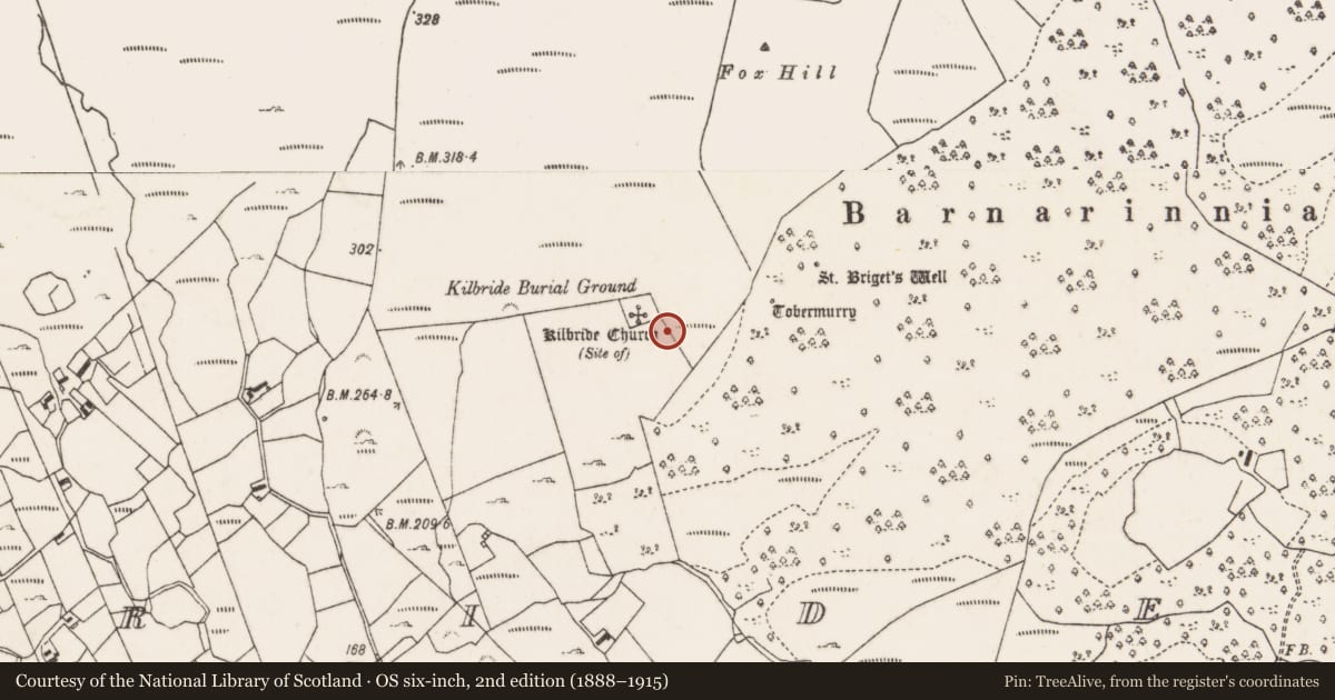 Ordnance Survey six-inch map, 2nd edition (1888–1915) covering the location of Enclosure, Cill Bhríde, County Mayo, with a pin at the register's coordinates