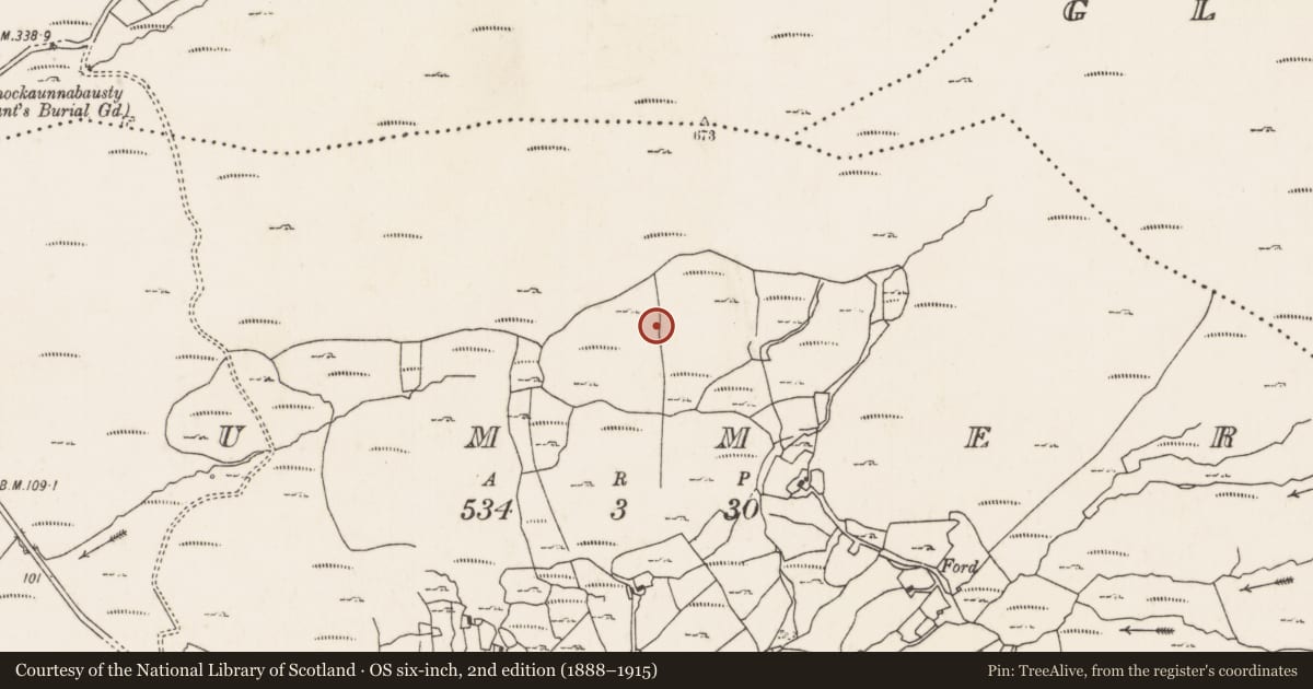 Ordnance Survey six-inch map, 2nd edition (1888–1915) covering the location of Hilltop enclosure, An Comar, County Mayo, with a pin at the register's coordinates