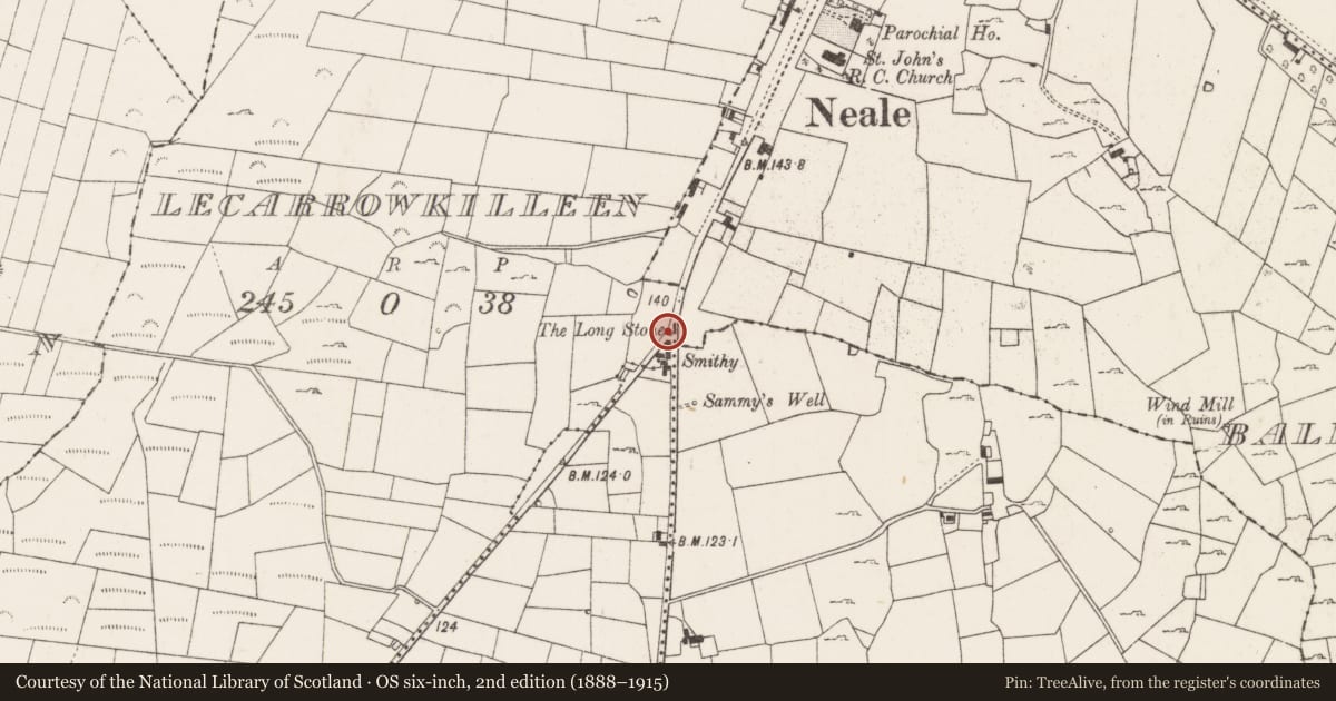 Ordnance Survey six-inch map, 2nd edition (1888–1915) covering the location of Standing stone, Lecarrowkilleen, County Mayo, with a pin at the register's coordinates