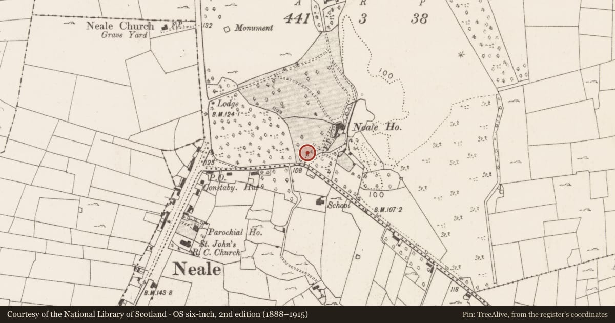 Ordnance Survey six-inch map, 2nd edition (1888–1915) covering the location of Designed landscape - folly, Nealepark, County Mayo, with a pin at the register's coordinates