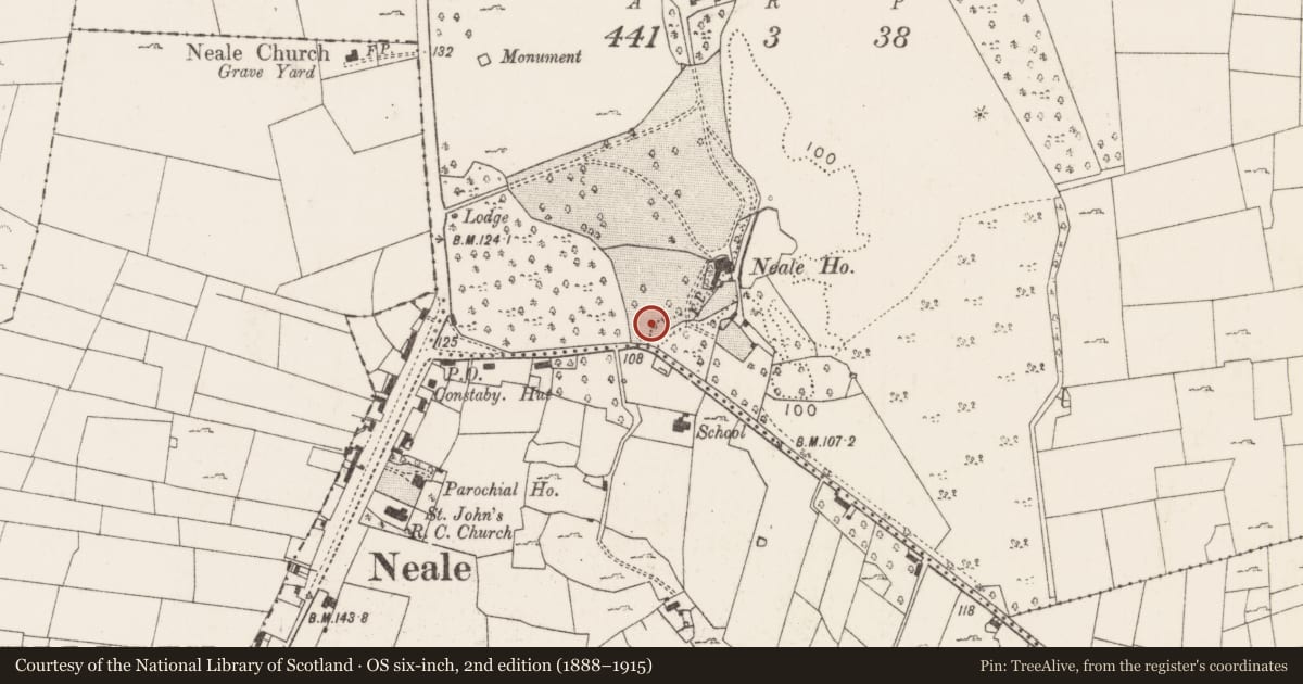 Ordnance Survey six-inch map, 2nd edition (1888–1915) covering the location of Architectural fragment, Nealepark, County Mayo, with a pin at the register's coordinates