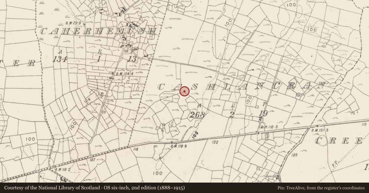 Ordnance Survey six-inch map, 2nd edition (1888–1915) covering the location of Road - road/trackway, Cashlancran, County Mayo, with a pin at the register's coordinates