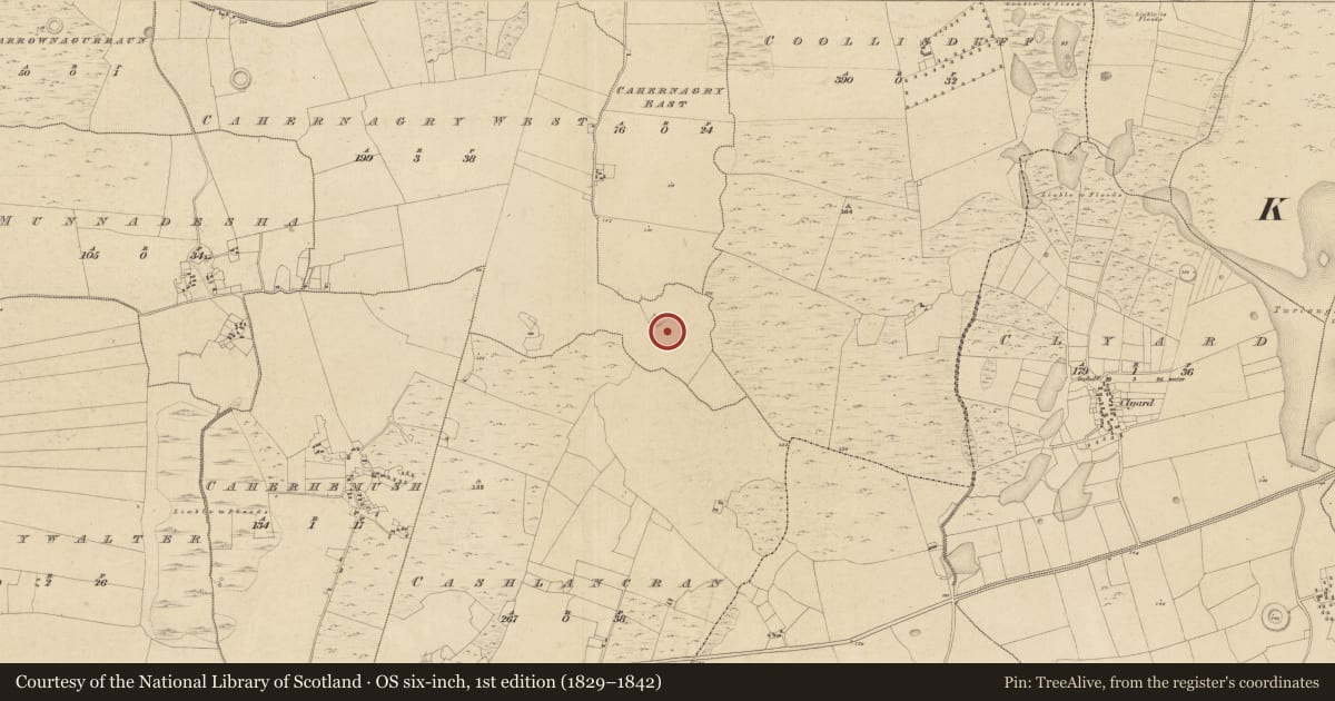 Ordnance Survey six-inch map, 1st edition (1829–1842) covering the location of Enclosure, Cahernagry West, County Mayo, with a pin at the register's coordinates