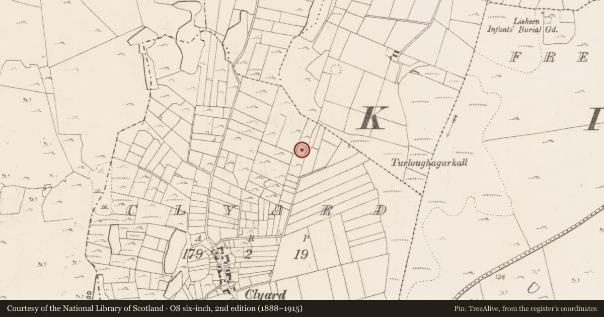 Ordnance Survey six-inch map, 2nd edition (1888–1915) covering the location of Ringfort - cashel, Clyard, County Mayo, with a pin at the register's coordinates