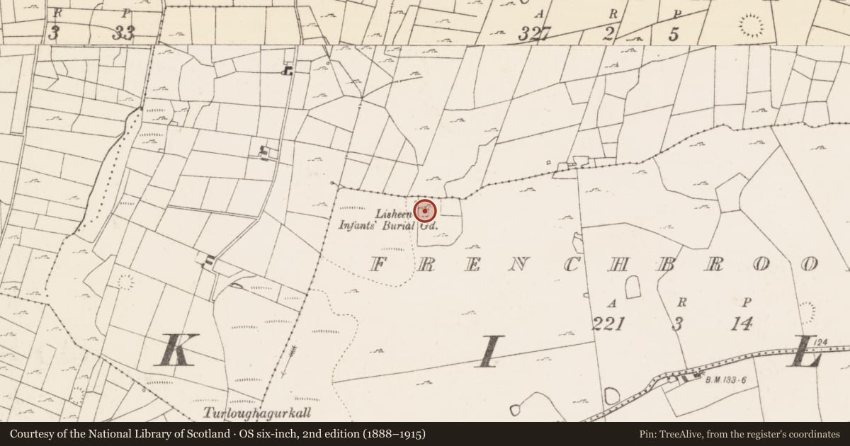 Ordnance Survey six-inch map, 2nd edition (1888–1915) covering the location of Children's burial ground, Ballymartin, Frenchbrook North, County Mayo, with a pin at the register's coordinates