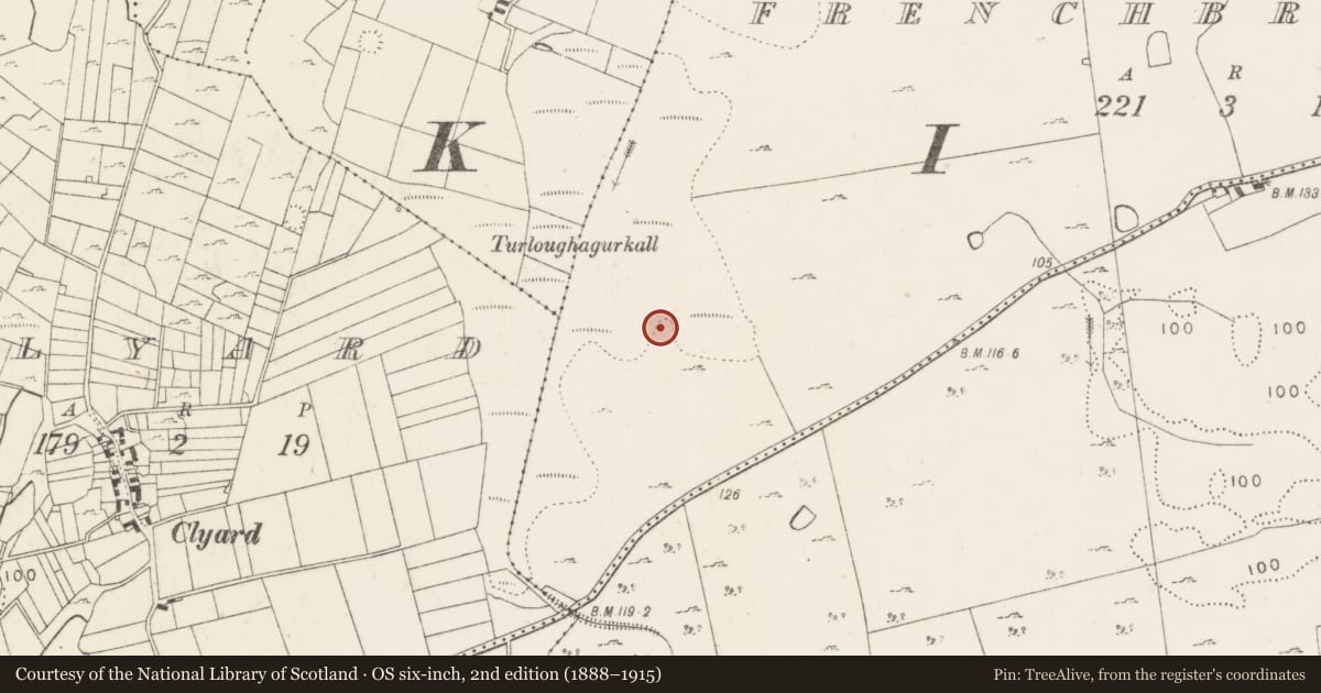 Ordnance Survey six-inch map, 2nd edition (1888–1915) covering the location of Crannog, Frenchbrook North, County Mayo, with a pin at the register's coordinates
