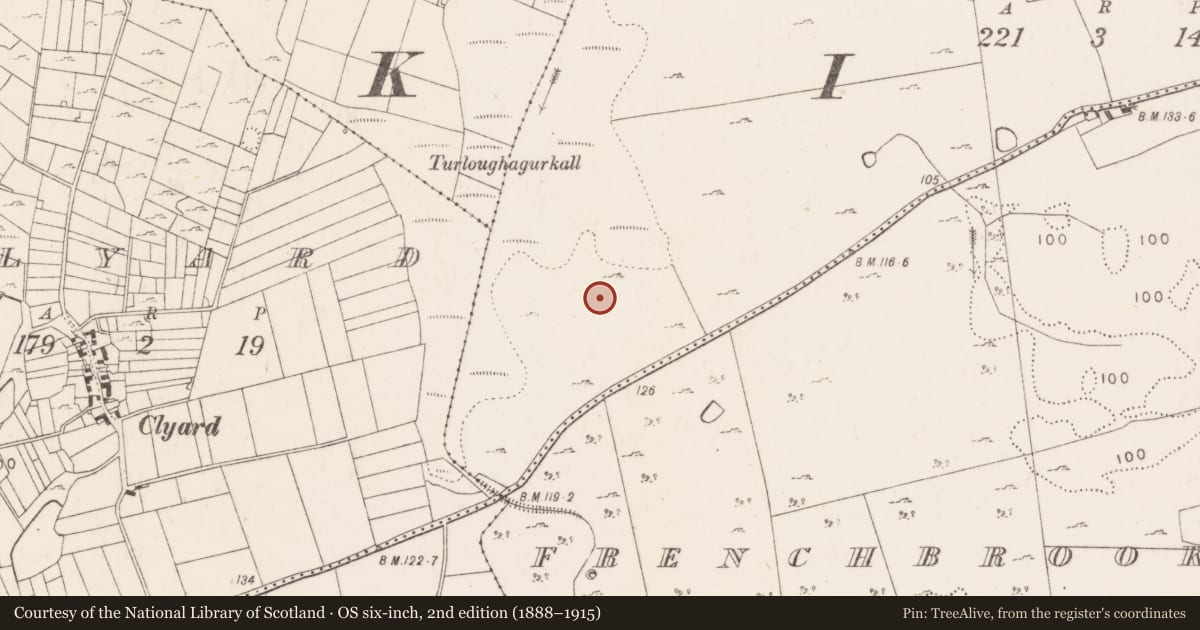 Ordnance Survey six-inch map, 2nd edition (1888–1915) covering the location of Field system, Frenchbrook North, County Mayo, with a pin at the register's coordinates