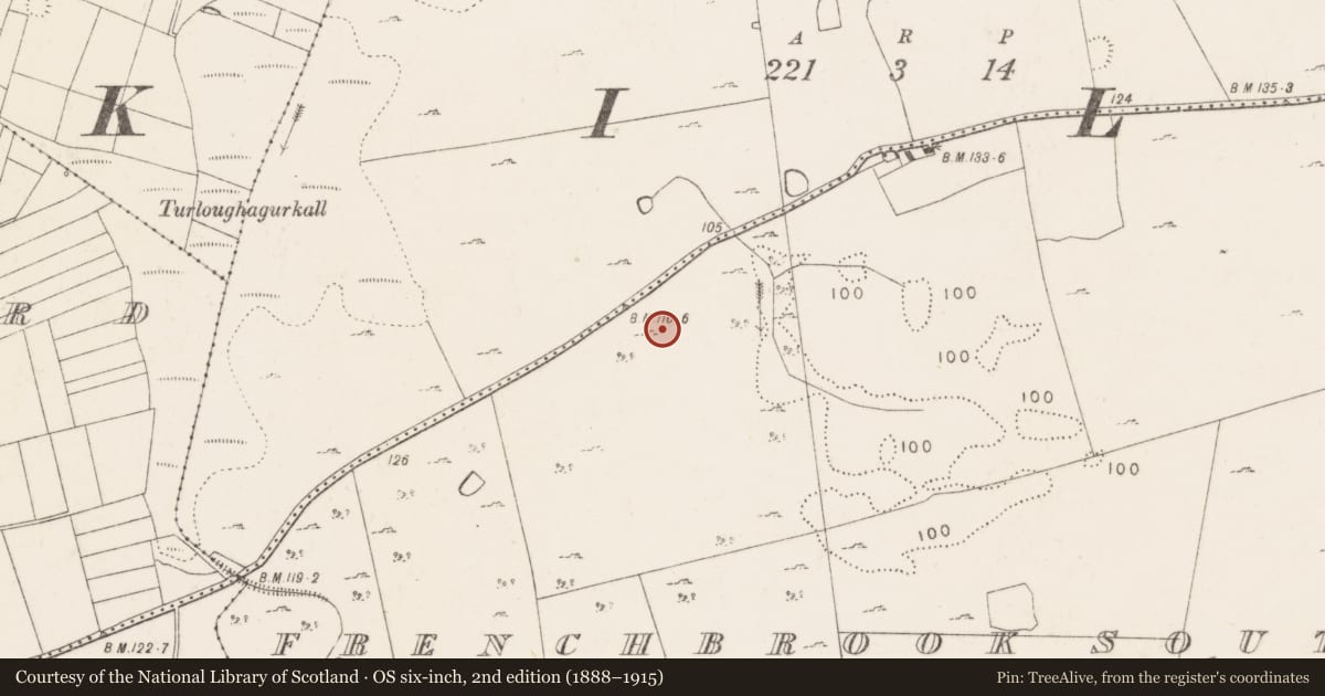 Ordnance Survey six-inch map, 2nd edition (1888–1915) covering the location of Enclosure, Frenchbrook South, County Mayo, with a pin at the register's coordinates