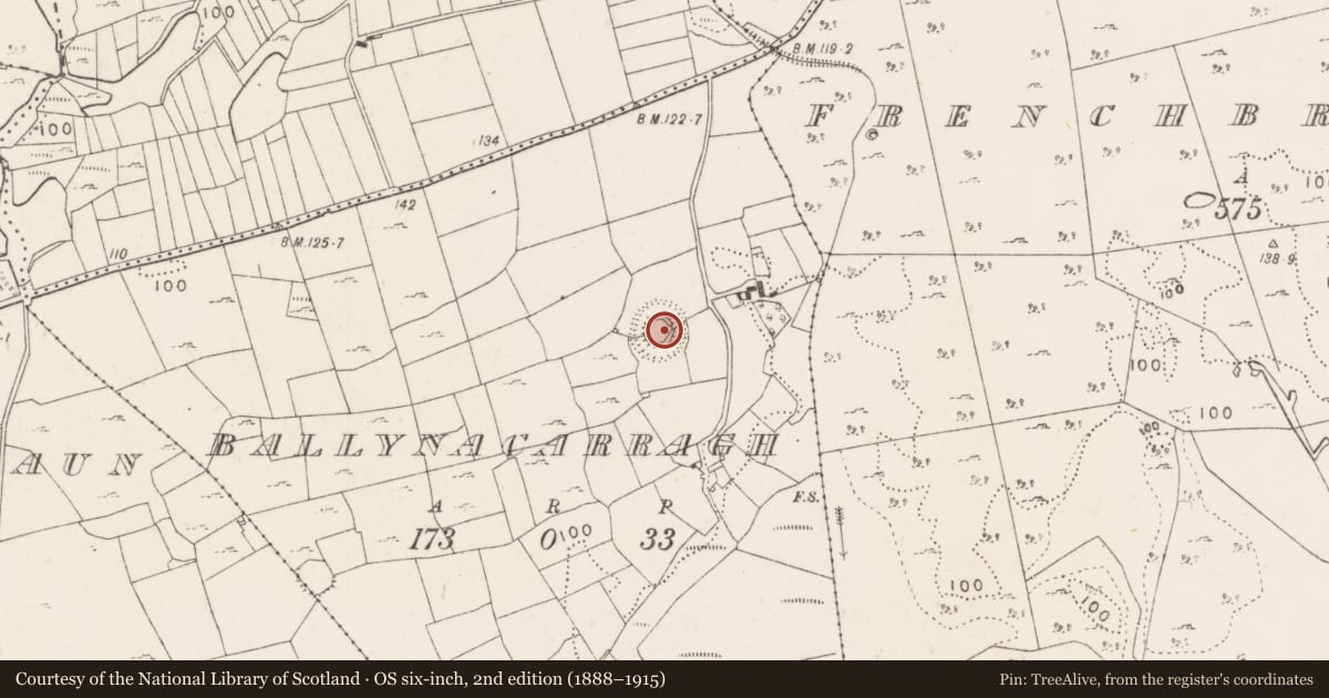 Ordnance Survey six-inch map, 2nd edition (1888–1915) covering the location of Ringfort - cashel, Ballynacarragh, County Mayo, with a pin at the register's coordinates