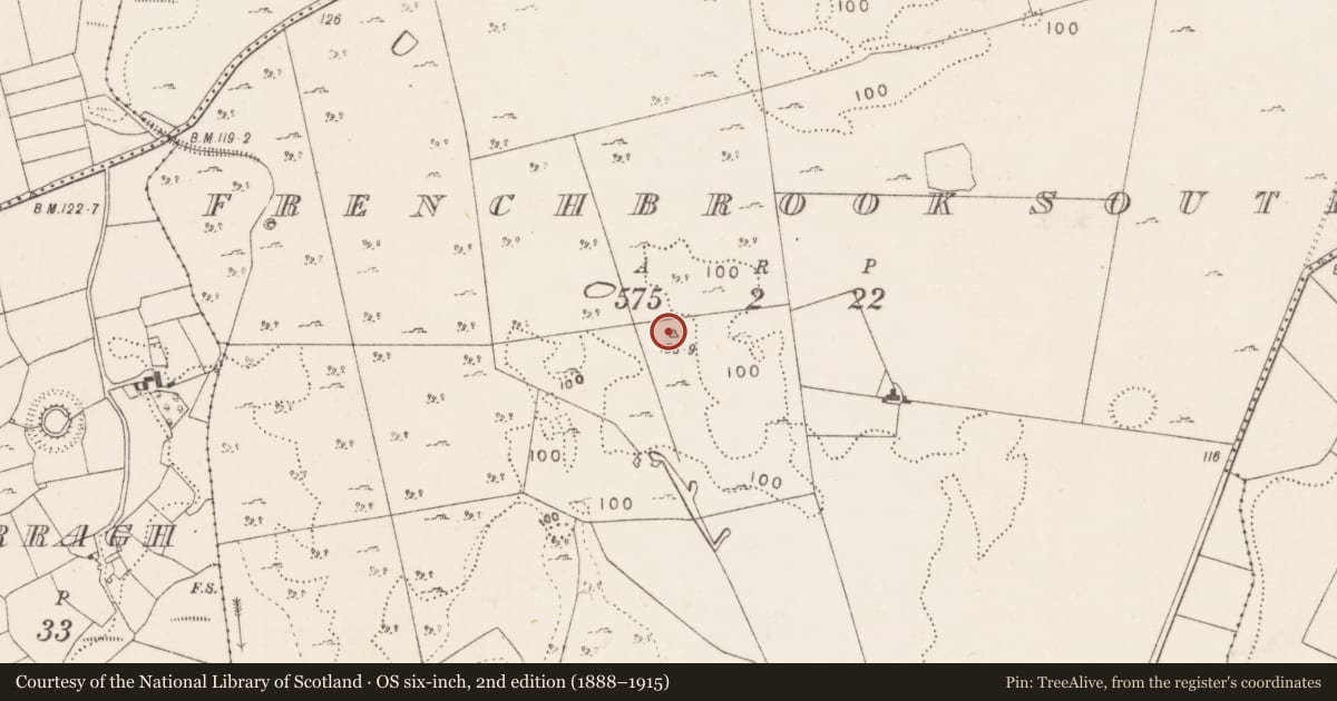 Ordnance Survey six-inch map, 2nd edition (1888–1915) covering the location of Ringfort - cashel, Frenchbrook South, County Mayo, with a pin at the register's coordinates
