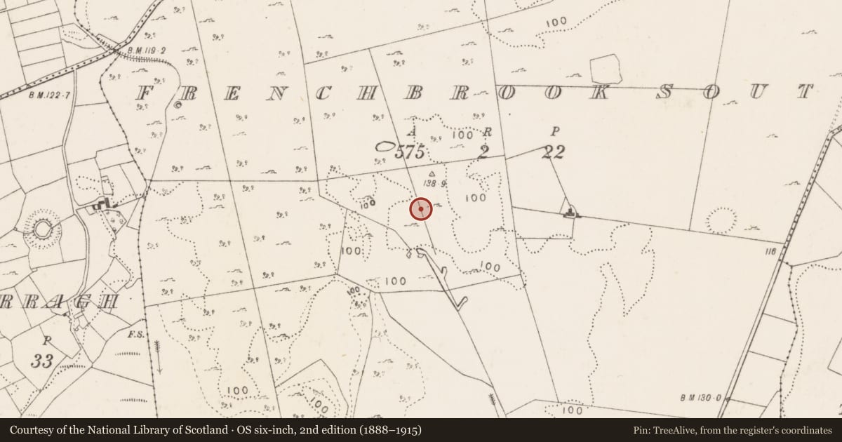 Ordnance Survey six-inch map, 2nd edition (1888–1915) covering the location of Earthwork, Frenchbrook South, County Mayo, with a pin at the register's coordinates